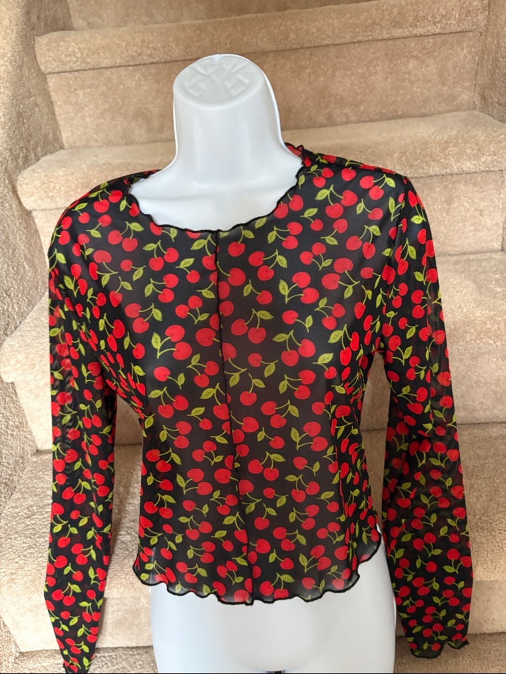 Forever 21 Black Sheer Long-Sleeve Top with Red Cherry Print in Size L